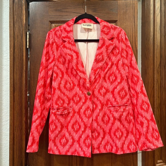 Savanna Jane $70 Pink & Red Geometric Ikat Diamond Corduroy Blazer L Southwest - Picture 5 of 12